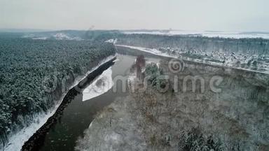 冬季森林和河流的鸟瞰图